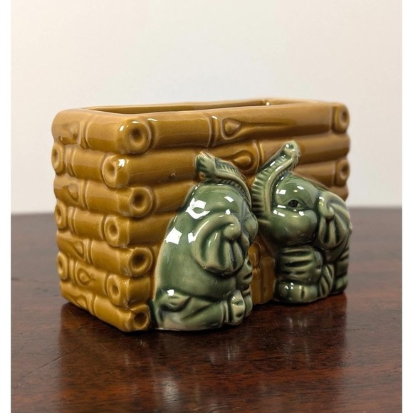 Elephant Other - Vintage Ceramic Elephant Bamboo Planter Cachepot Rectangular Green Brown Mid Cen